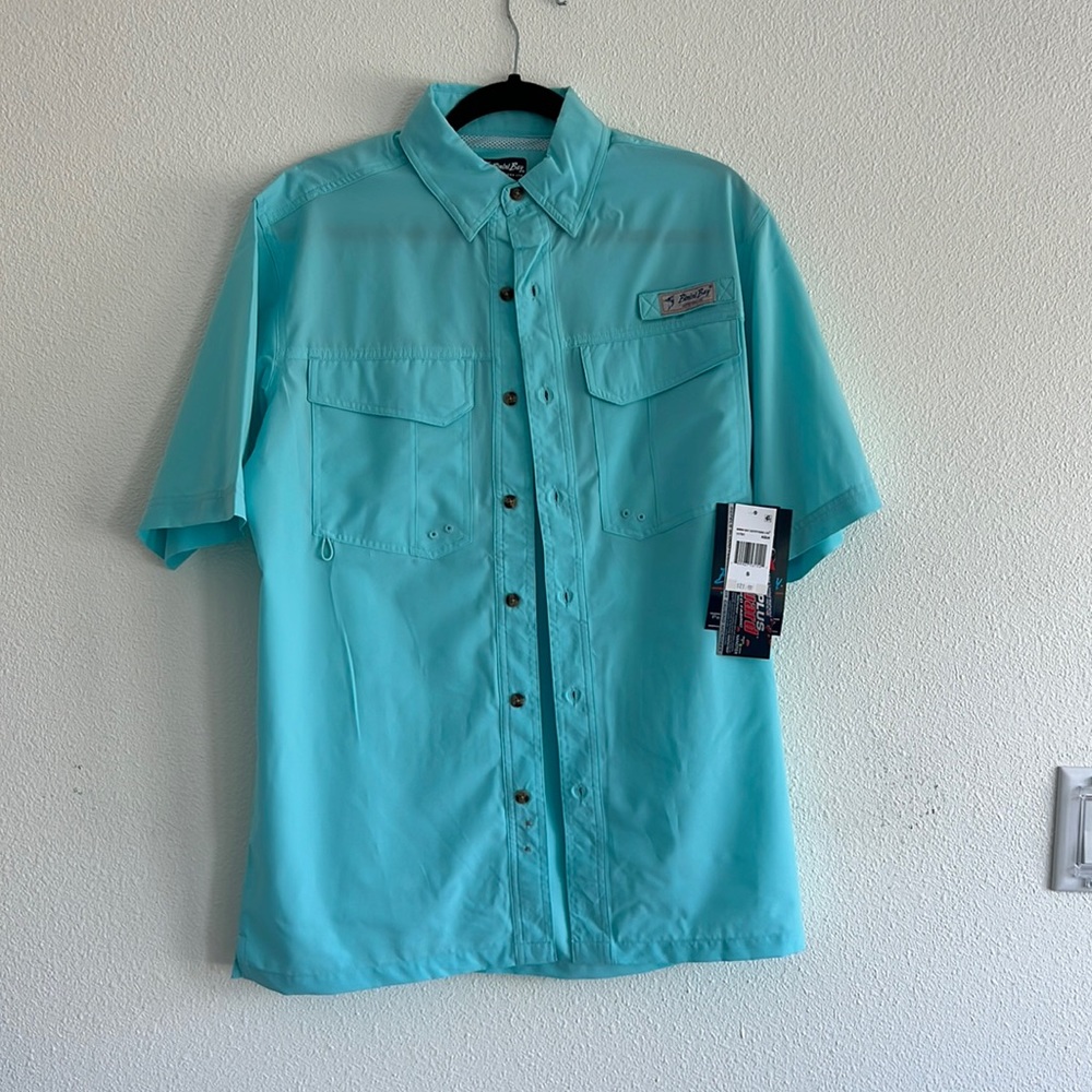 Unisex fishing/outdoors button up. 30SPF. Turquoise